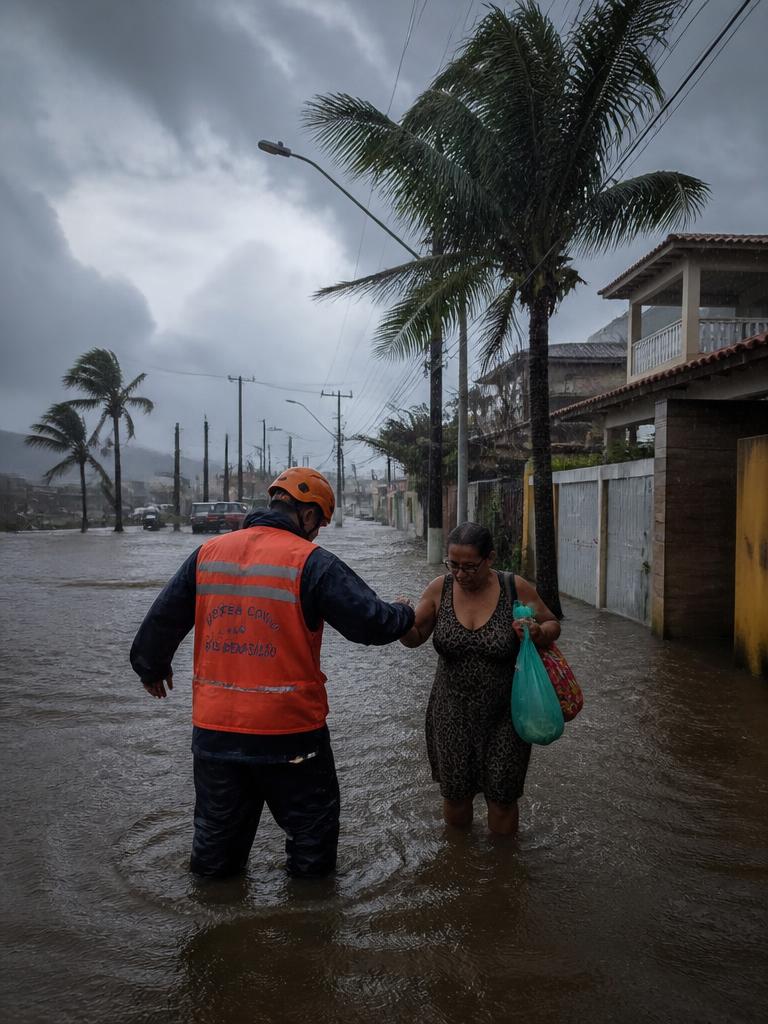 Profissional da Defesa Civil em ação durante alagamento urbano